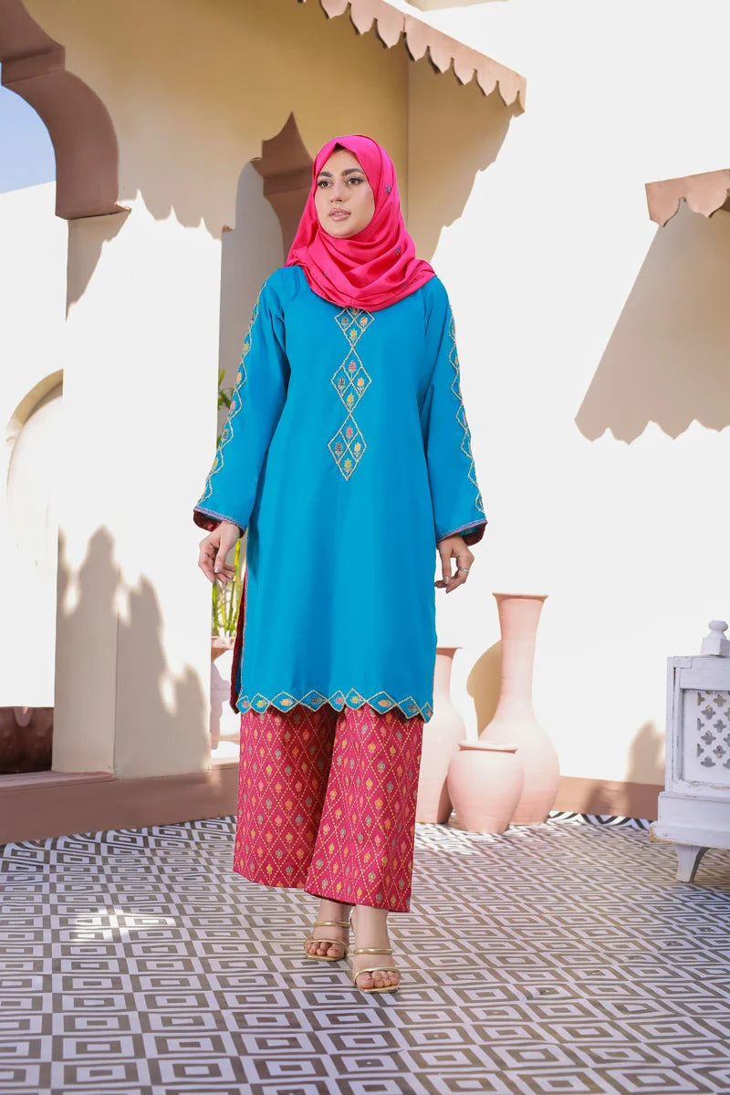 Stunning Ferozi Embroidered Kurta with Printed Palazzos