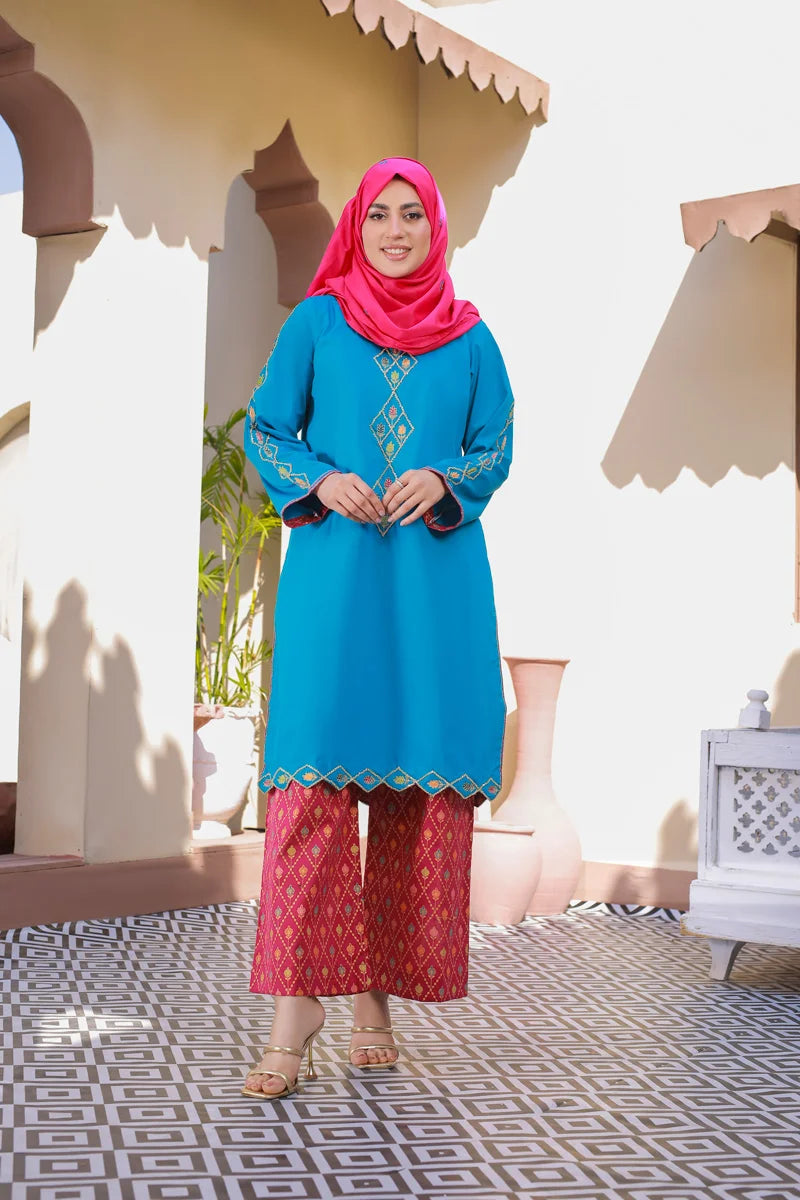 Stunning Ferozi Embroidered Kurta with Printed Palazzos