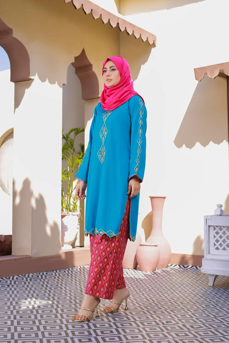 Stunning Ferozi Embroidered Kurta with Printed Palazzos