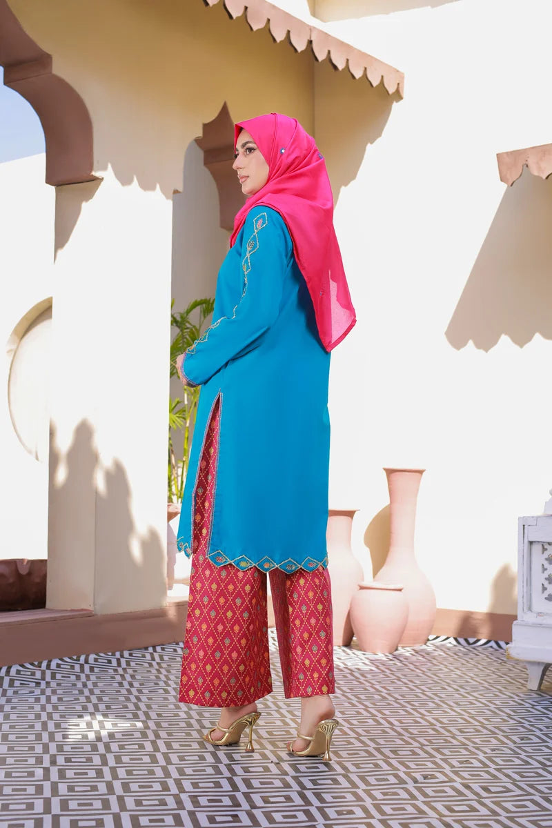 Stunning Ferozi Embroidered Kurta with Printed Palazzos