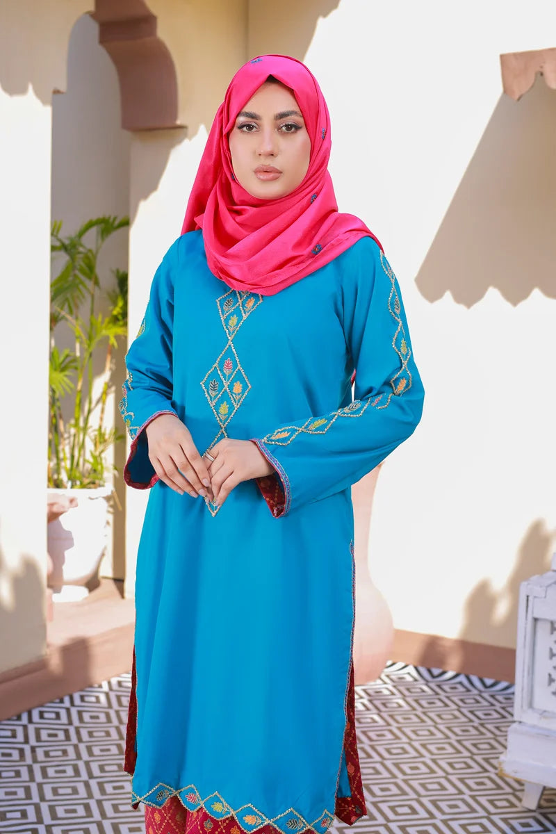 Stunning Ferozi Embroidered Kurta with Printed Palazzos