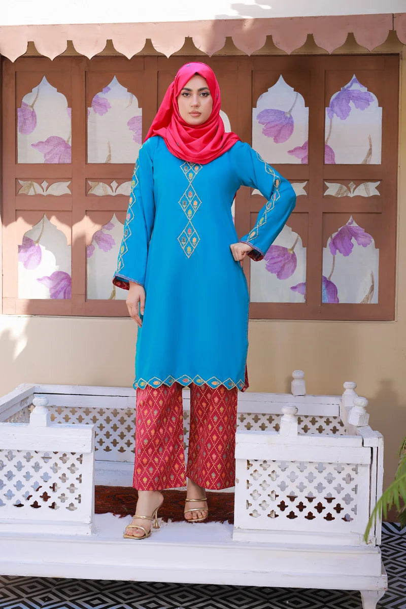 Stunning Ferozi Embroidered Kurta with Printed Palazzos