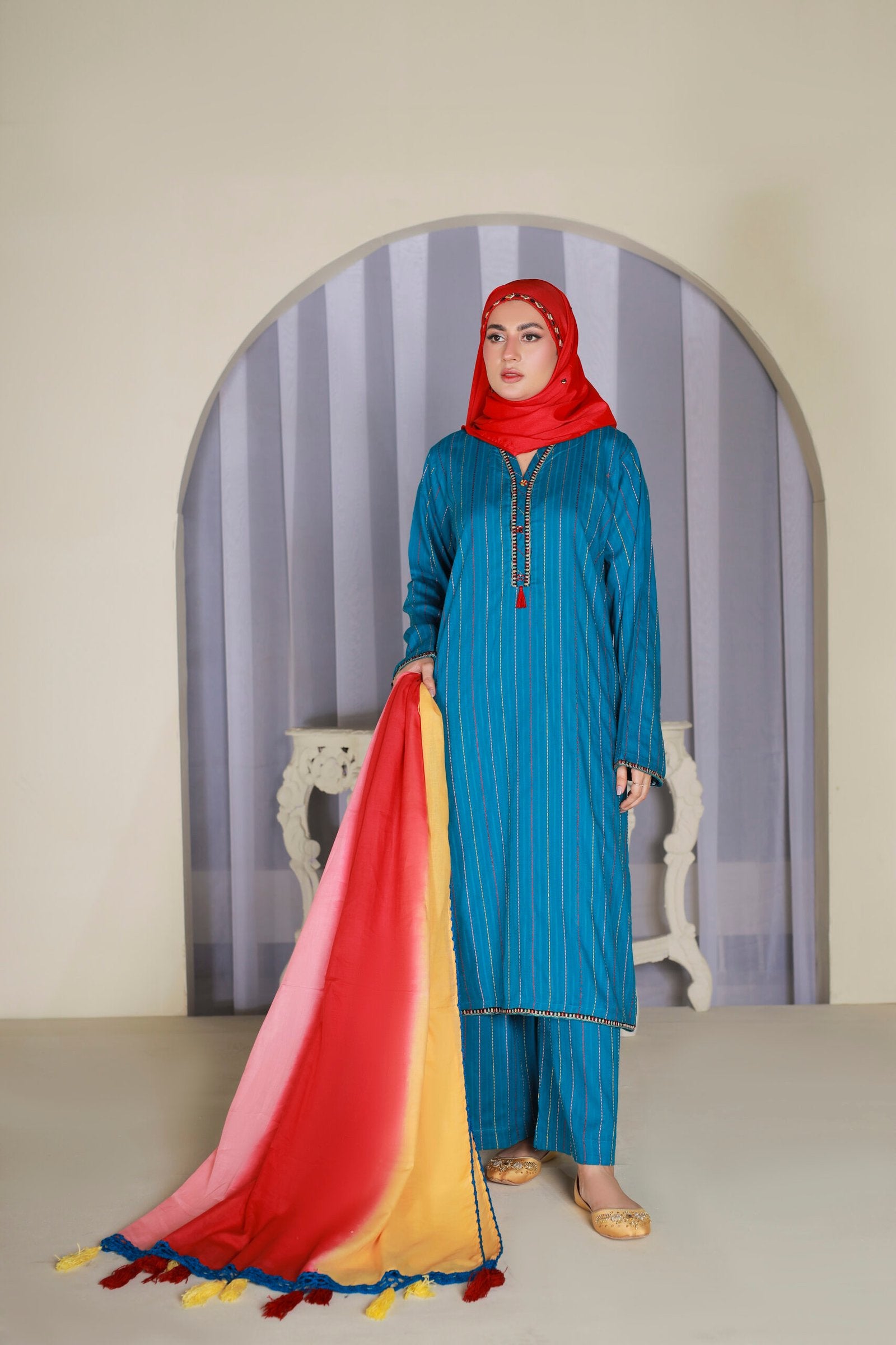 Ferozi Cotton Doria 3PC Suit with Ombre Dupatta & Hijab by Bint-e-Habib - Rang-e-Noor Summer Collection 26 image 3