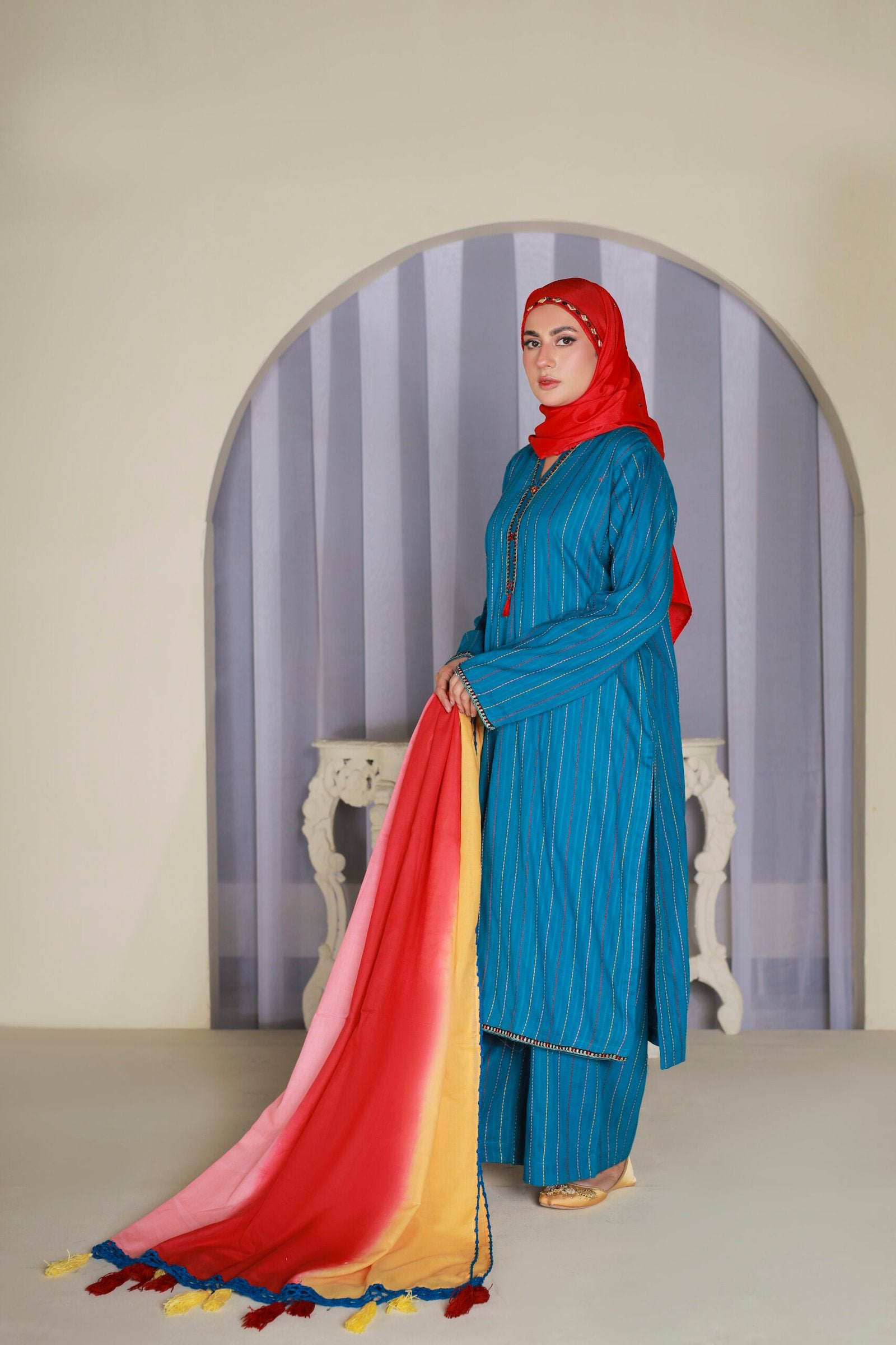 Ferozi Cotton Doria 3PC Suit with Ombre Dupatta & Hijab by Bint-e-Habib - Rang-e-Noor Summer Collection 26 image 1
