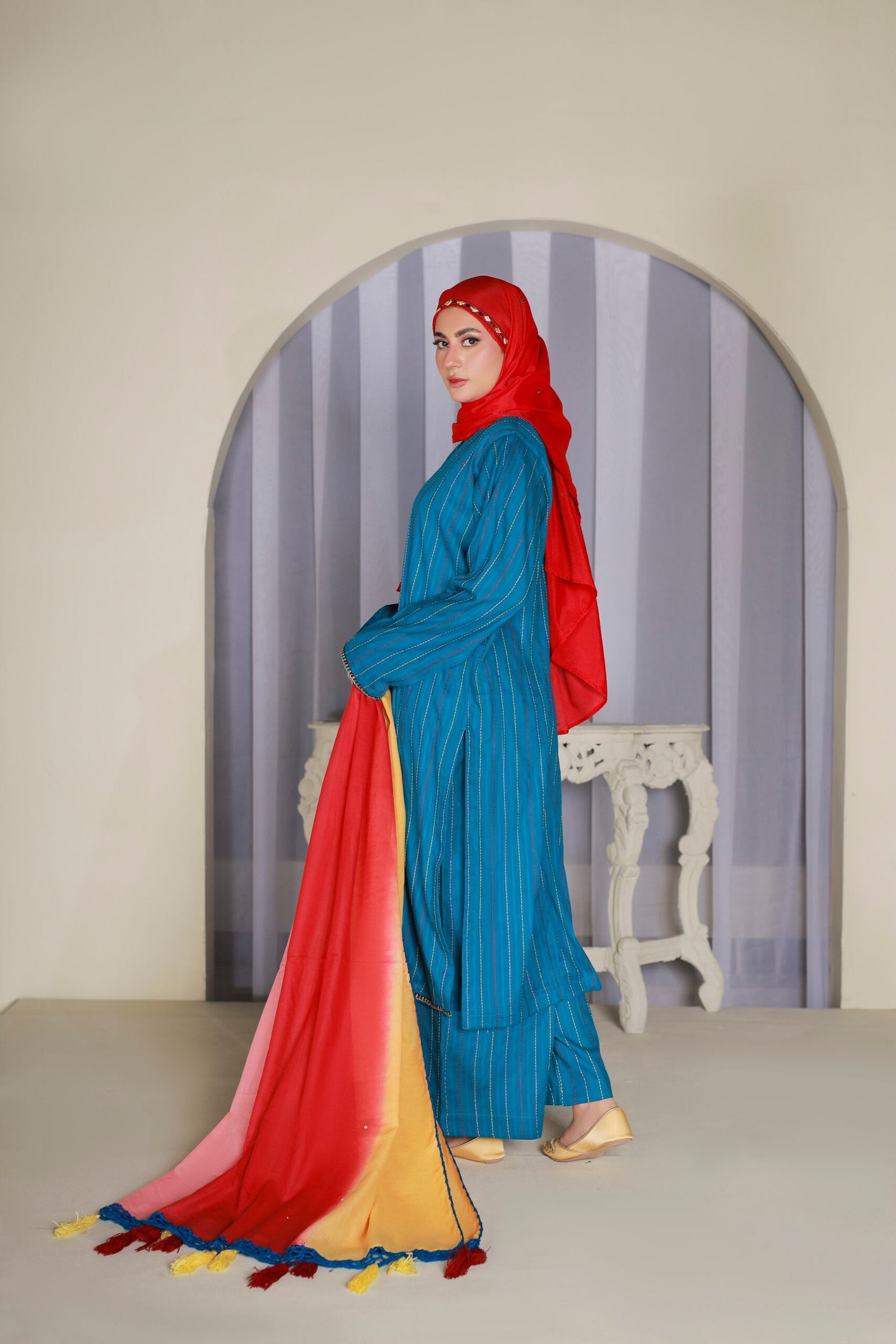 Ferozi Cotton Doria 3PC Suit with Ombre Dupatta & Hijab by Bint-e-Habib - Rang-e-Noor Summer Collection 26 image 2