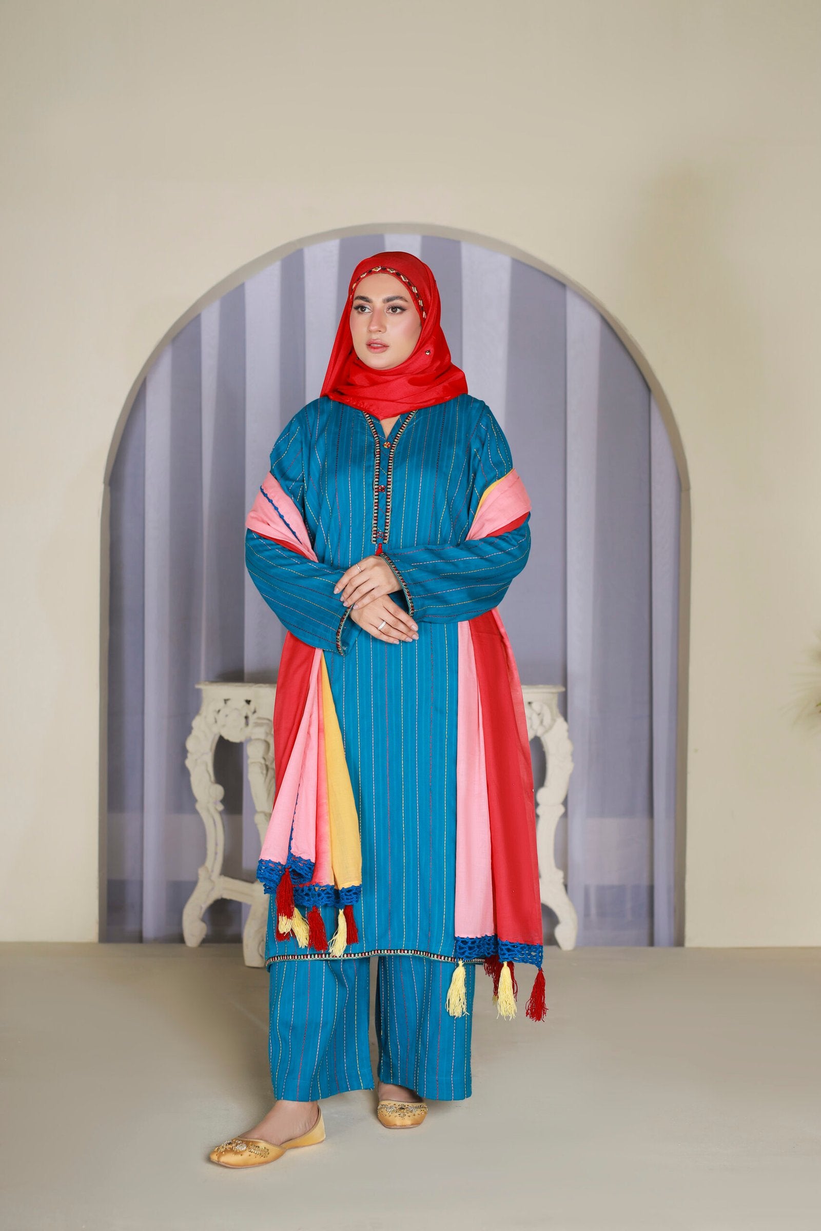 Ferozi Cotton Doria 3PC Suit with Ombre Dupatta & Hijab by Bint-e-Habib - Rang-e-Noor Summer Collection 26 image 5