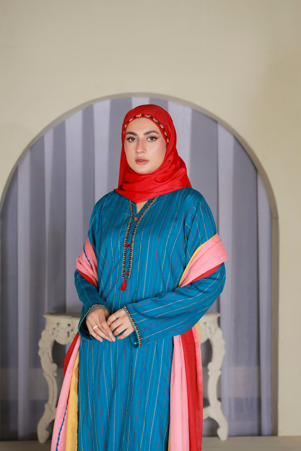 Ferozi Cotton Doria 3PC Suit with Ombre Dupatta & Hijab by Bint-e-Habib - Rang-e-Noor Summer Collection 26 image 6