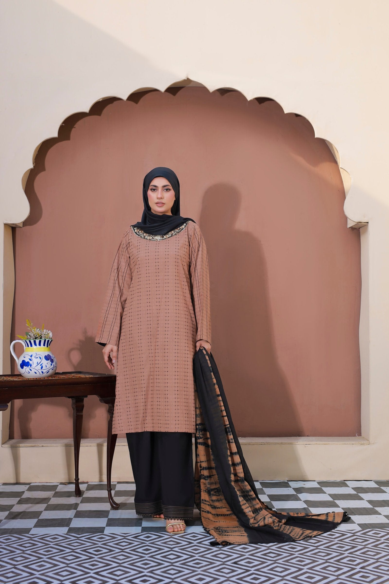 Nude & Black Doria Cotton 3PC Suit with Lawn Dupatta & Hijab