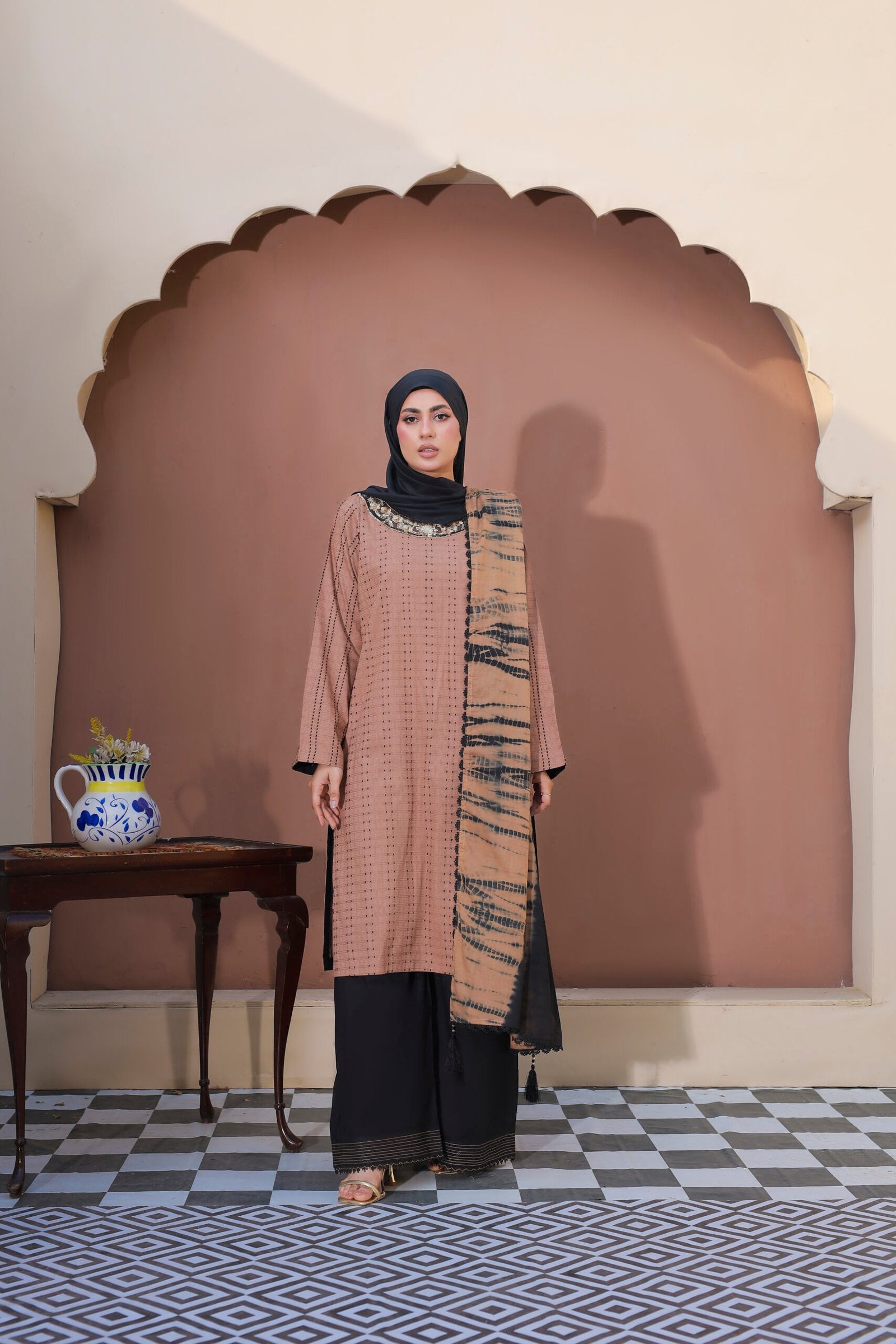 Nude & Black Doria Cotton 3PC Suit with Lawn Dupatta & Hijab