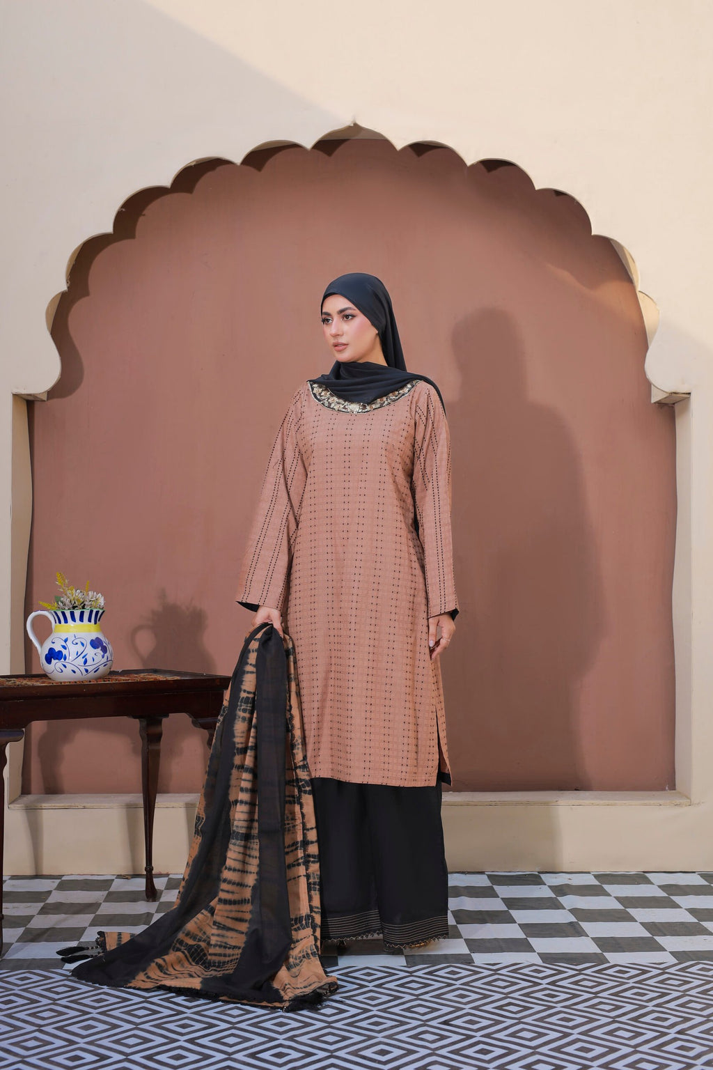 Nude & Black Doria Cotton 3PC Suit with Lawn Dupatta & Hijab