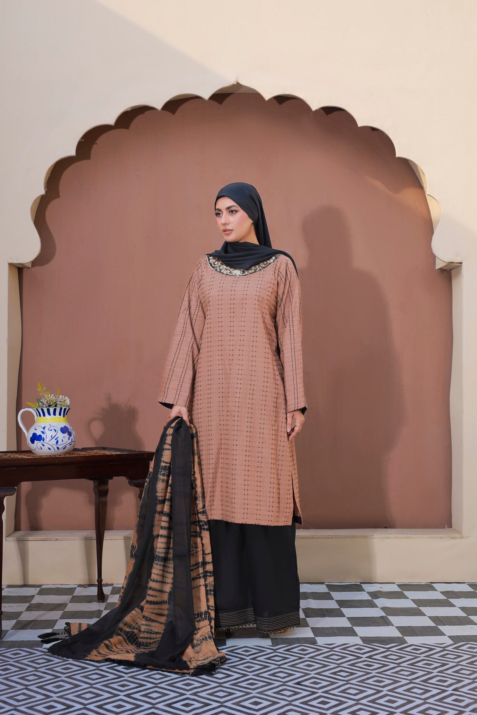 Nude & Black Doria Cotton 3PC Suit with Lawn Dupatta & Hijab