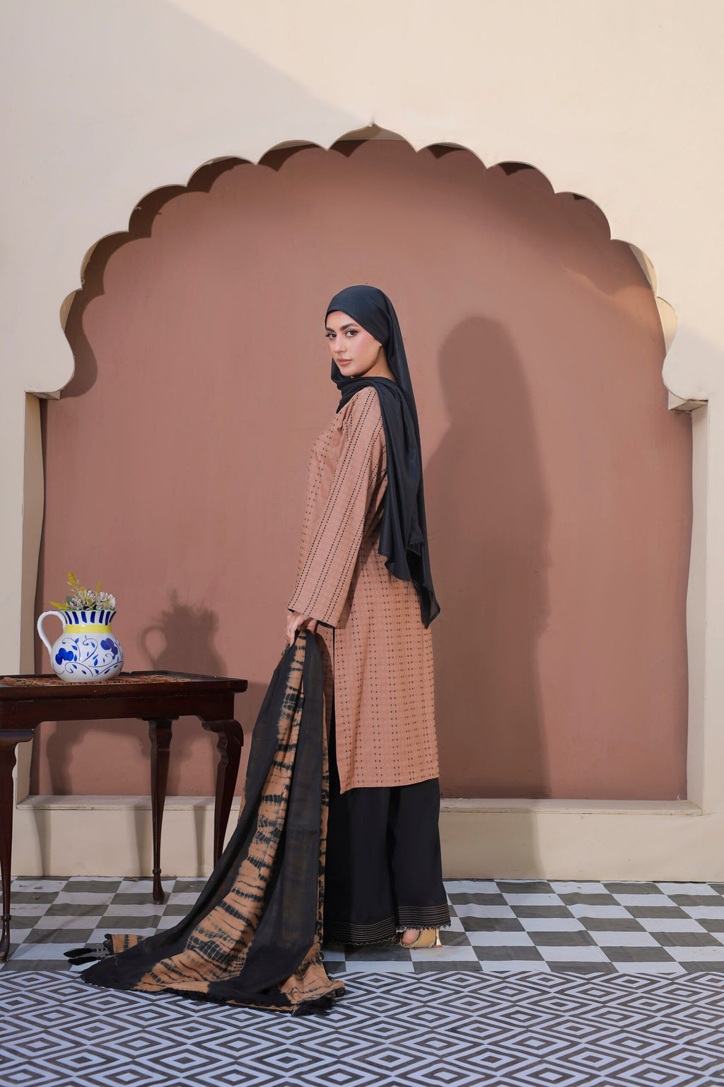 Nude & Black Doria Cotton 3PC Suit with Lawn Dupatta & Hijab