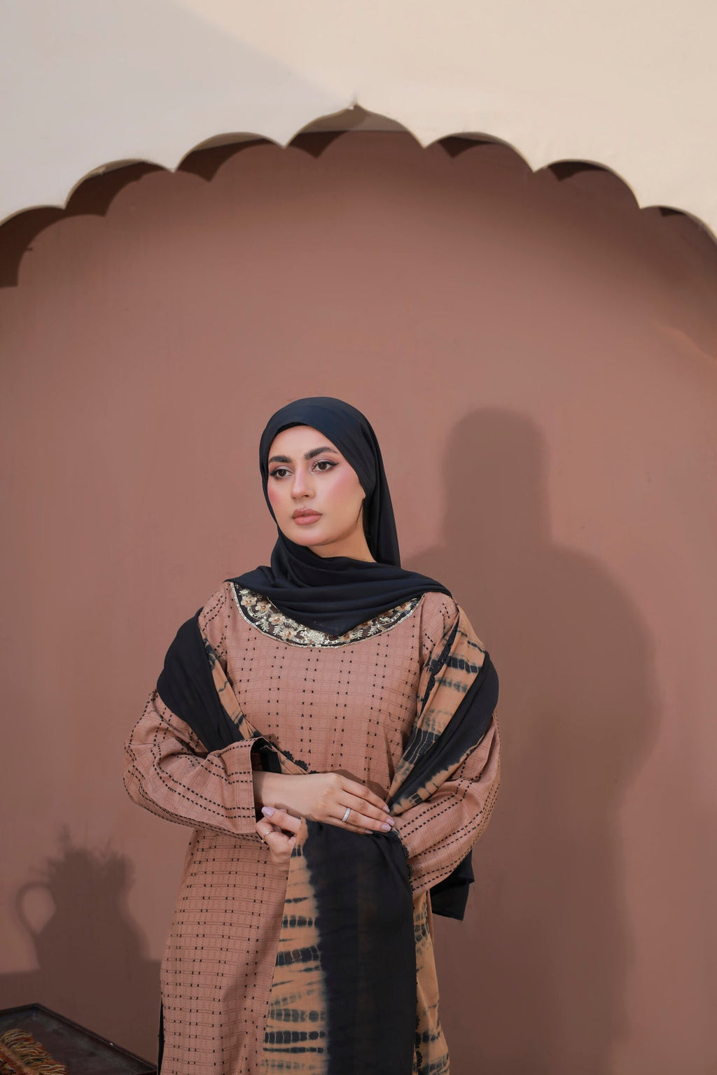 Nude & Black Doria Cotton 3PC Suit with Lawn Dupatta & Hijab