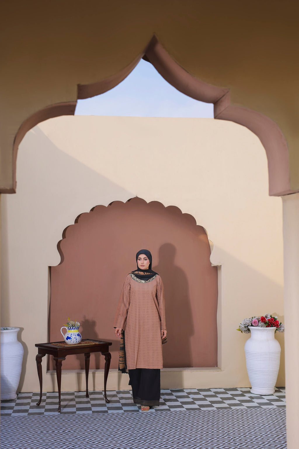 Nude & Black Doria Cotton 3PC Suit with Lawn Dupatta & Hijab