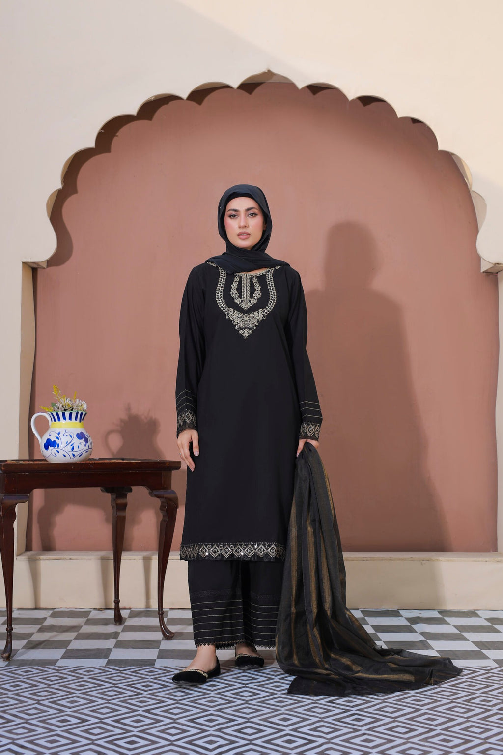 Black Cotton 3PC Suit with Doria Dupatta & Hijab by Bint-e-Habib - Rang-e-Noor Summer Collection 26 image 2