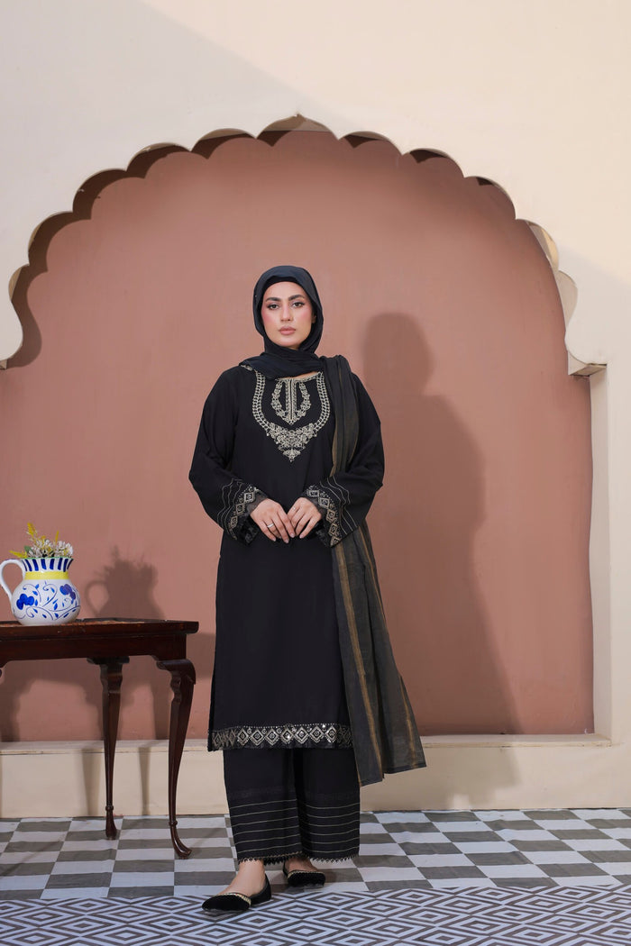 Black Cotton 3PC Suit with Doria Dupatta & Hijab