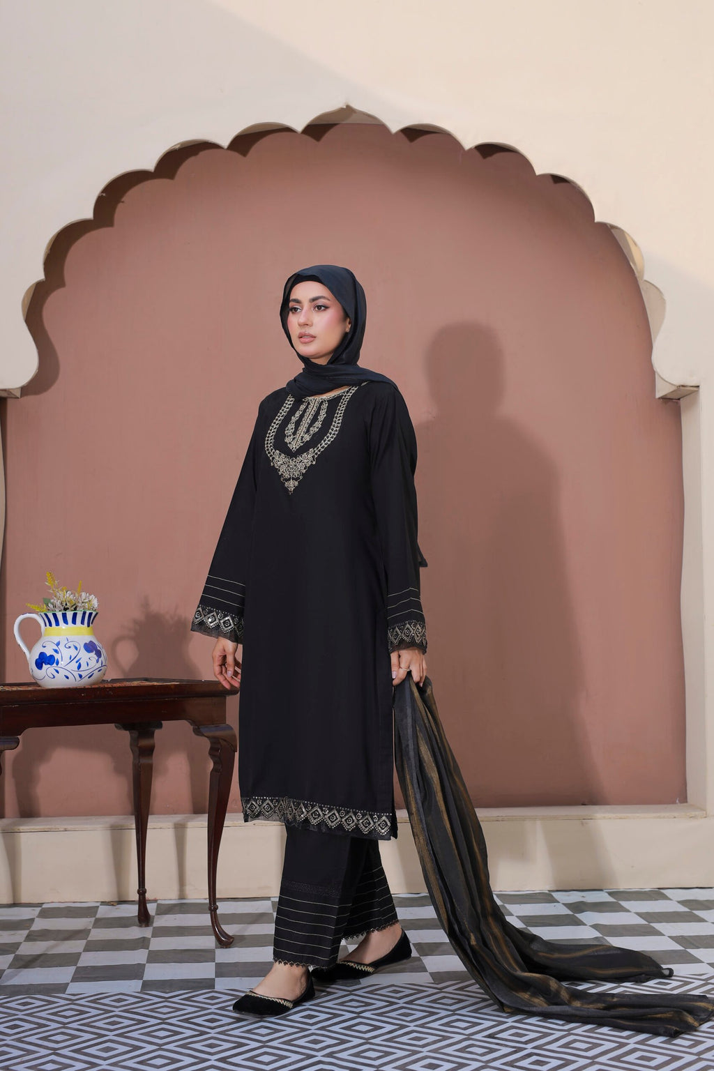 Black Cotton 3PC Suit with Doria Dupatta & Hijab by Bint-e-Habib - Rang-e-Noor Summer Collection 26 image 3