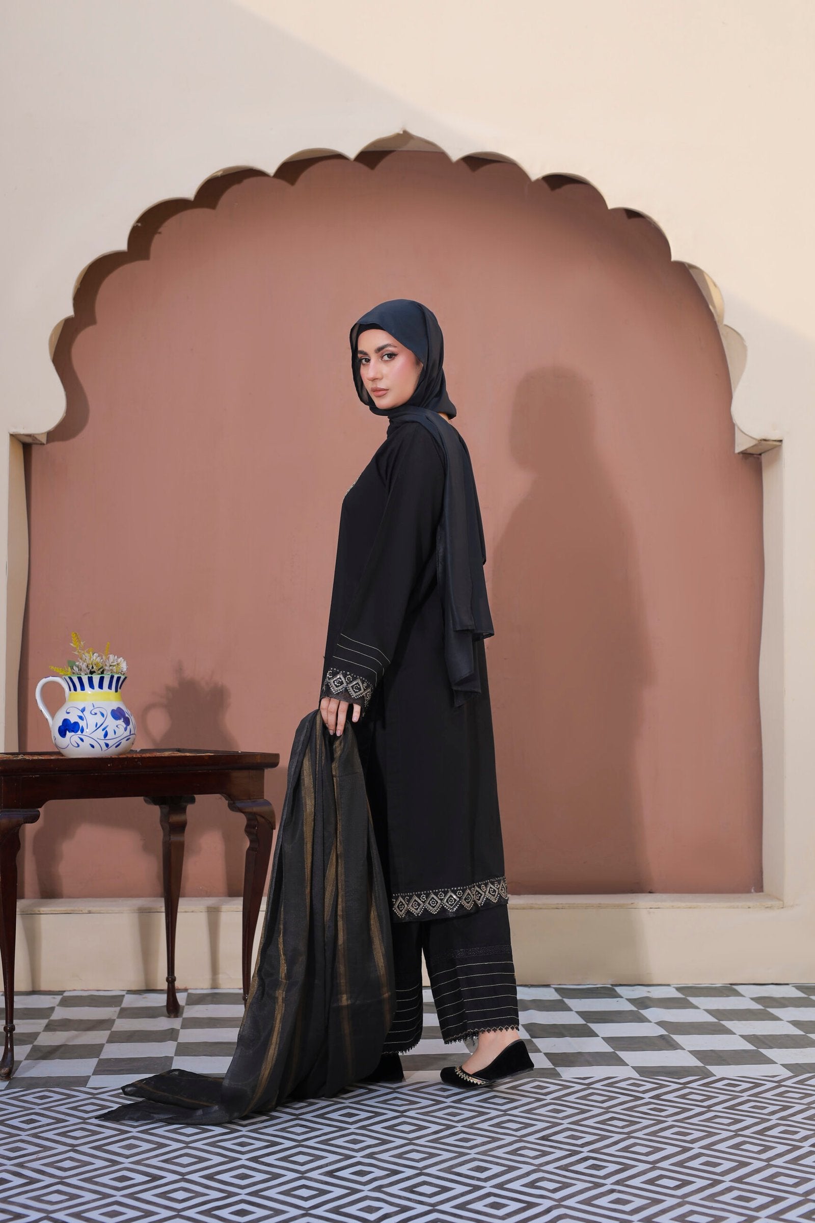 Black Cotton 3PC Suit with Doria Dupatta & Hijab by Bint-e-Habib - Rang-e-Noor Summer Collection 26 image 4
