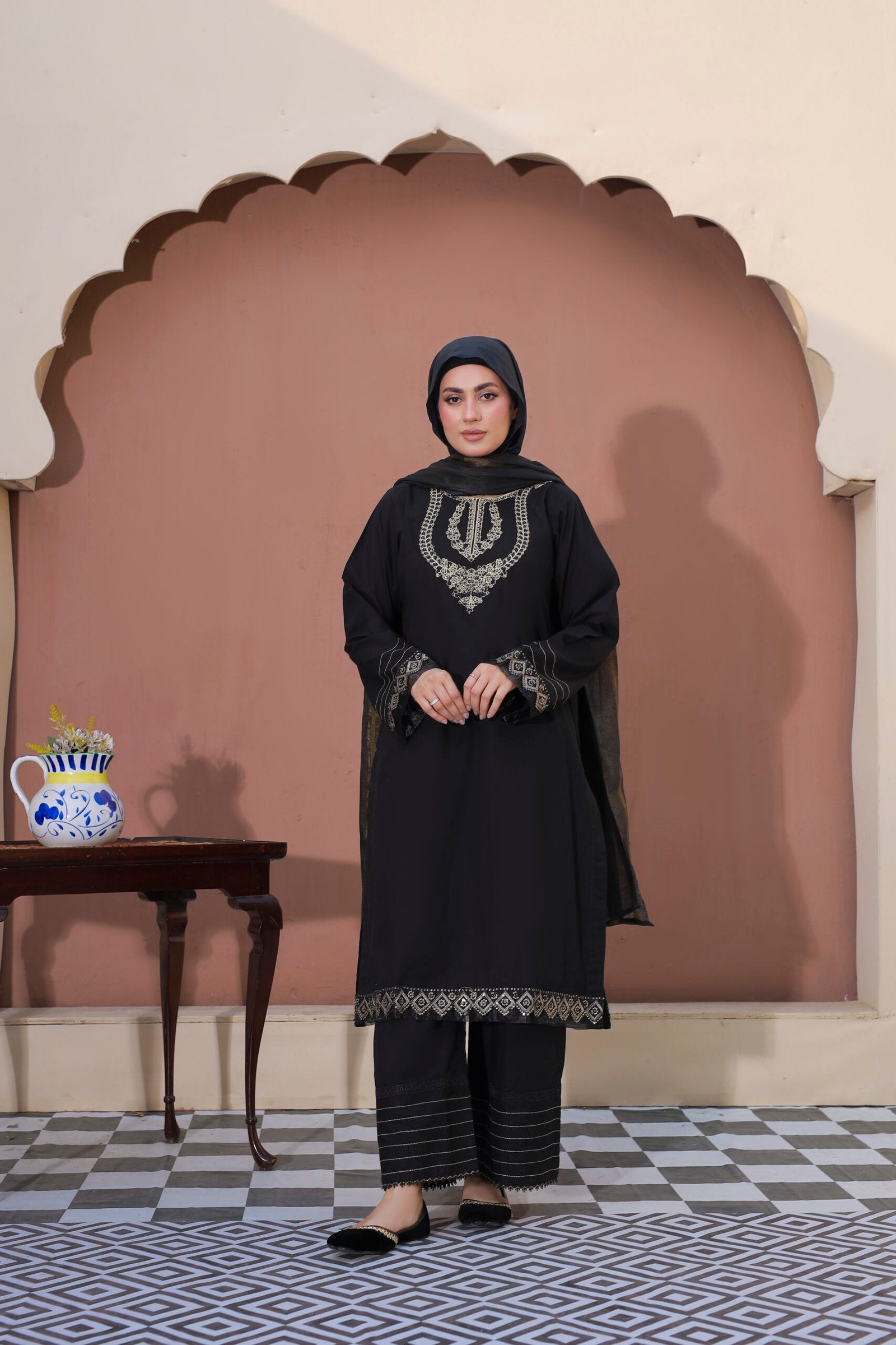 Black Cotton 3PC Suit with Doria Dupatta & Hijab by Bint-e-Habib - Rang-e-Noor Summer Collection 26 image 5