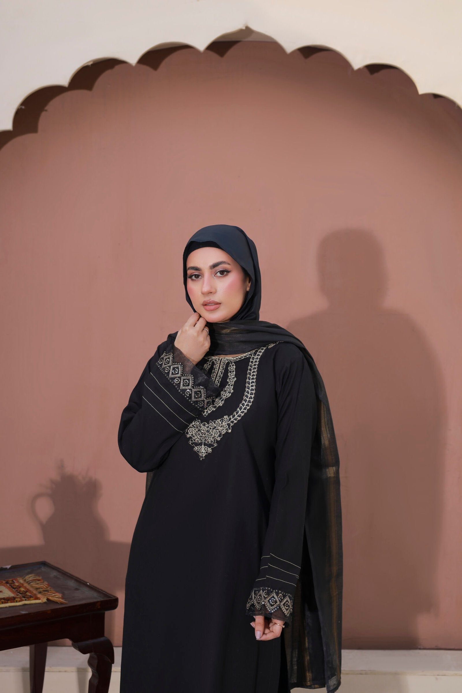 Black Cotton 3PC Suit with Doria Dupatta & Hijab by Bint-e-Habib - Rang-e-Noor Summer Collection 26 image 6