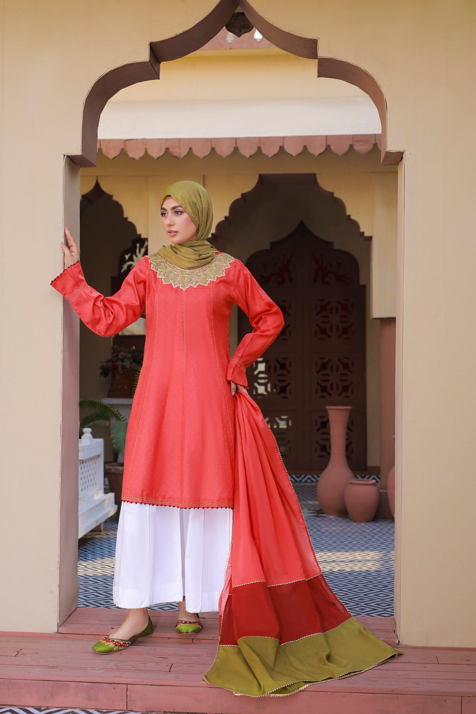 Coral Frock 3PC Cotton Suit with Lawn Dupatta & Hijab
