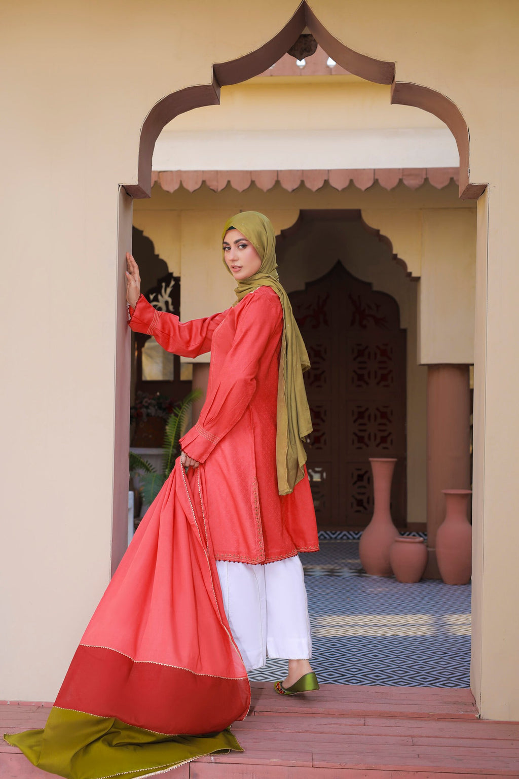 Coral Frock 3PC Cotton Suit with Lawn Dupatta & Hijab