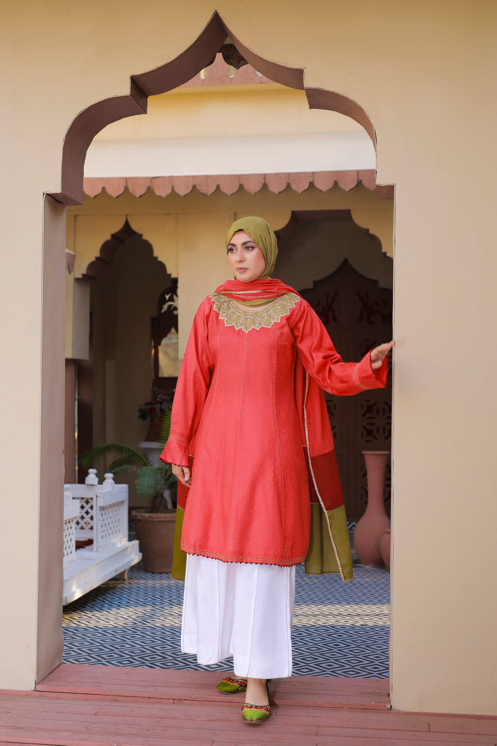 Coral Frock 3PC Cotton Suit with Lawn Dupatta & Hijab