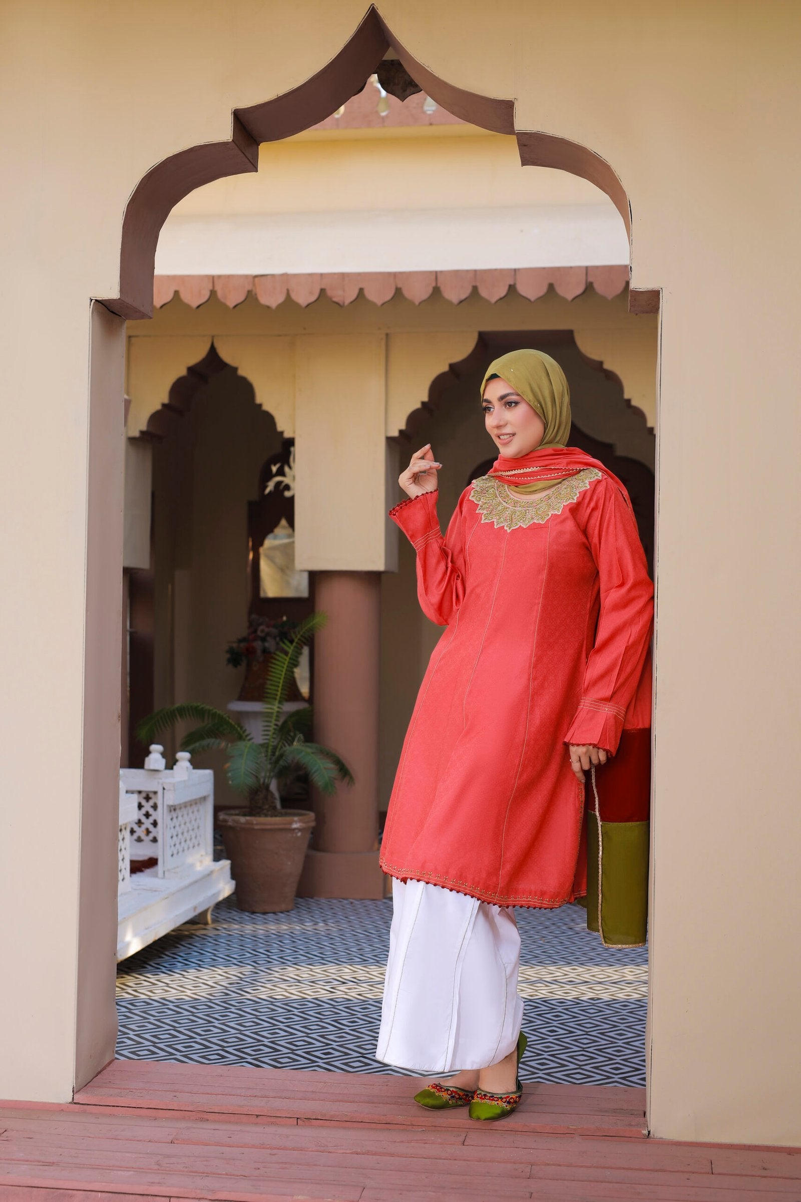 Coral Frock 3PC Cotton Suit with Lawn Dupatta & Hijab