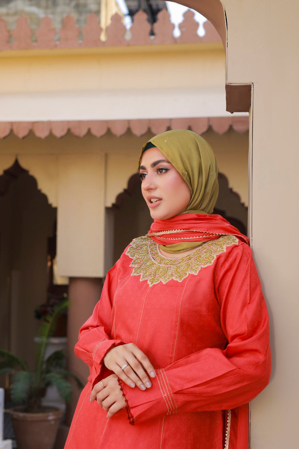 Coral Frock 3PC Cotton Suit with Lawn Dupatta & Hijab