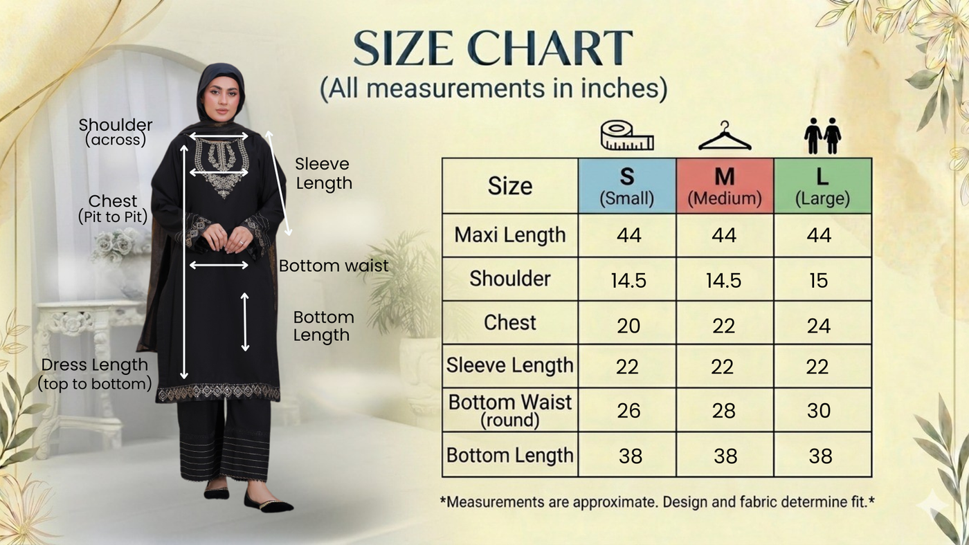 Size guide for Black Cotton 3PC Suit with Doria Dupatta & Hijab