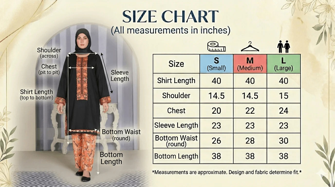 Size guide for Black Flame Kurta Set
