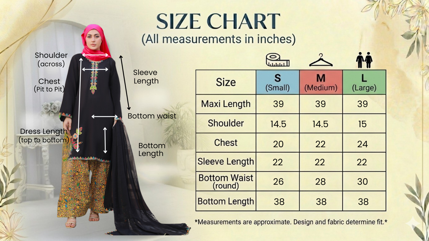 Size guide for Black Lawn Adda Work 3PC Suit