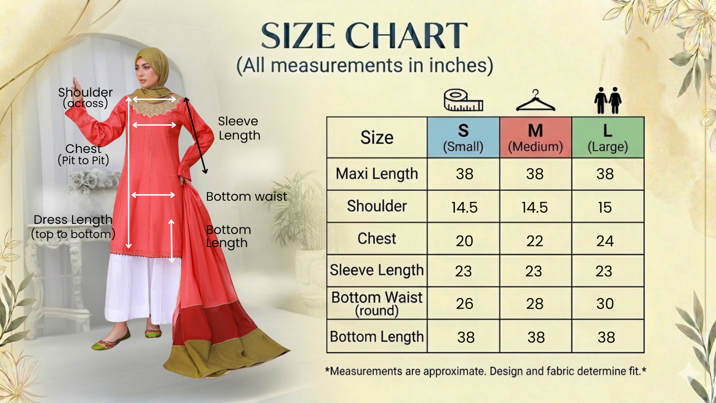 Size guide for Coral Frock 3PC Cotton Suit with Lawn Dupatta & Hijab