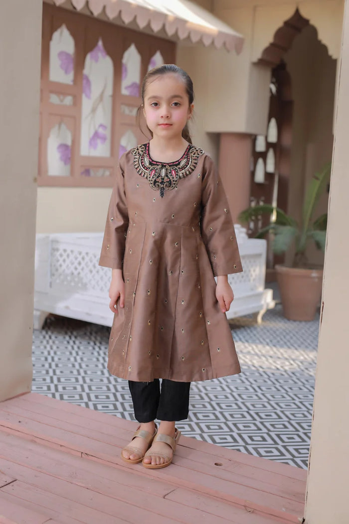Elegant Bronze Embellished Flared Kurti Set for Girls