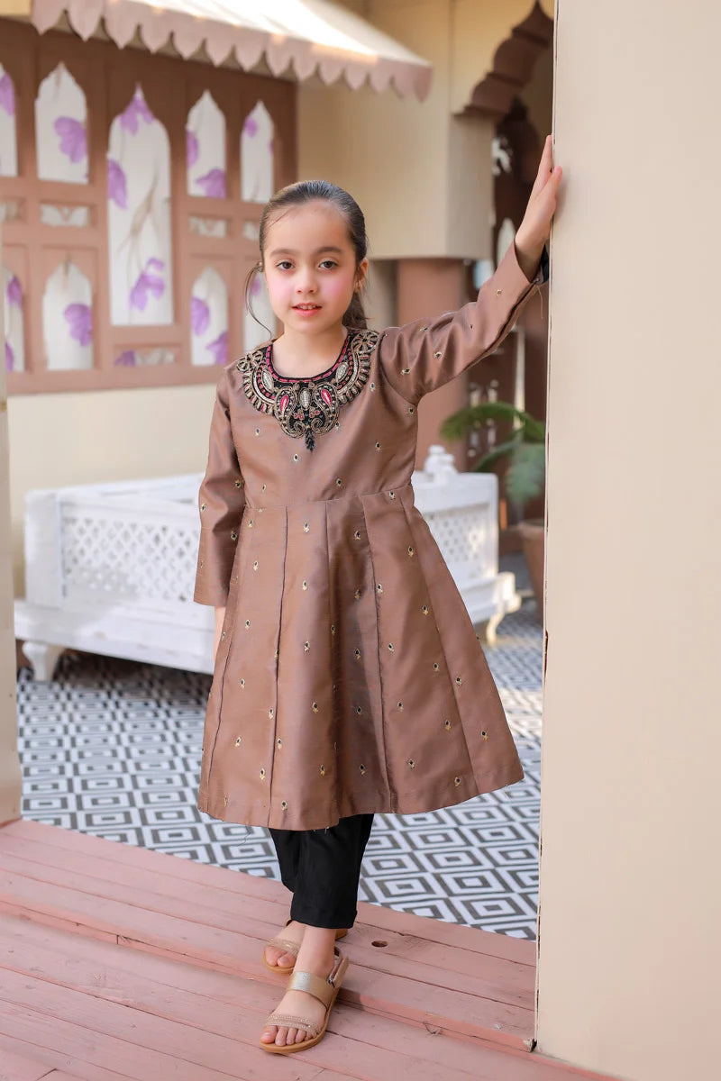 Elegant Bronze Embellished Flared Kurti Set for Girls