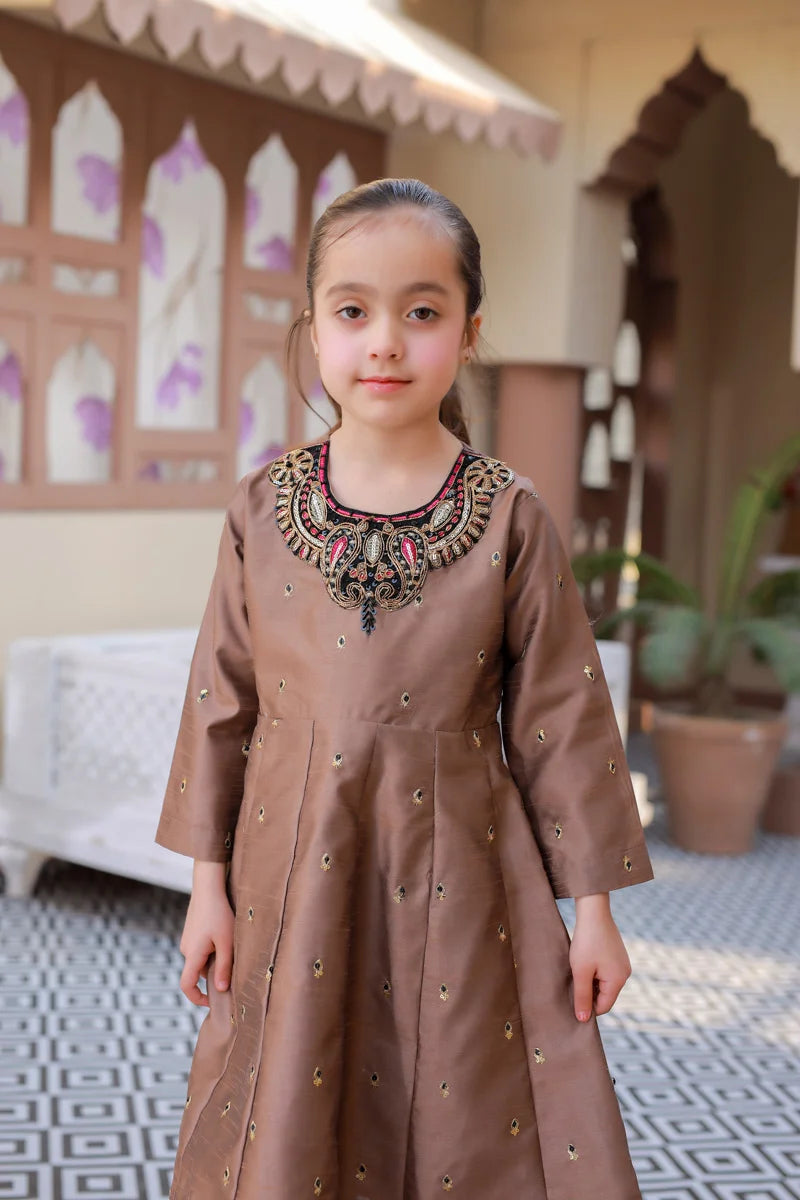 Elegant Bronze Embellished Flared Kurti Set for Girls