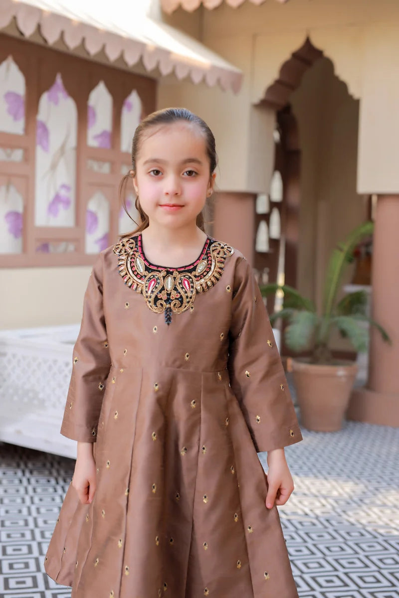 Elegant Bronze Embellished Flared Kurti Set for Girls