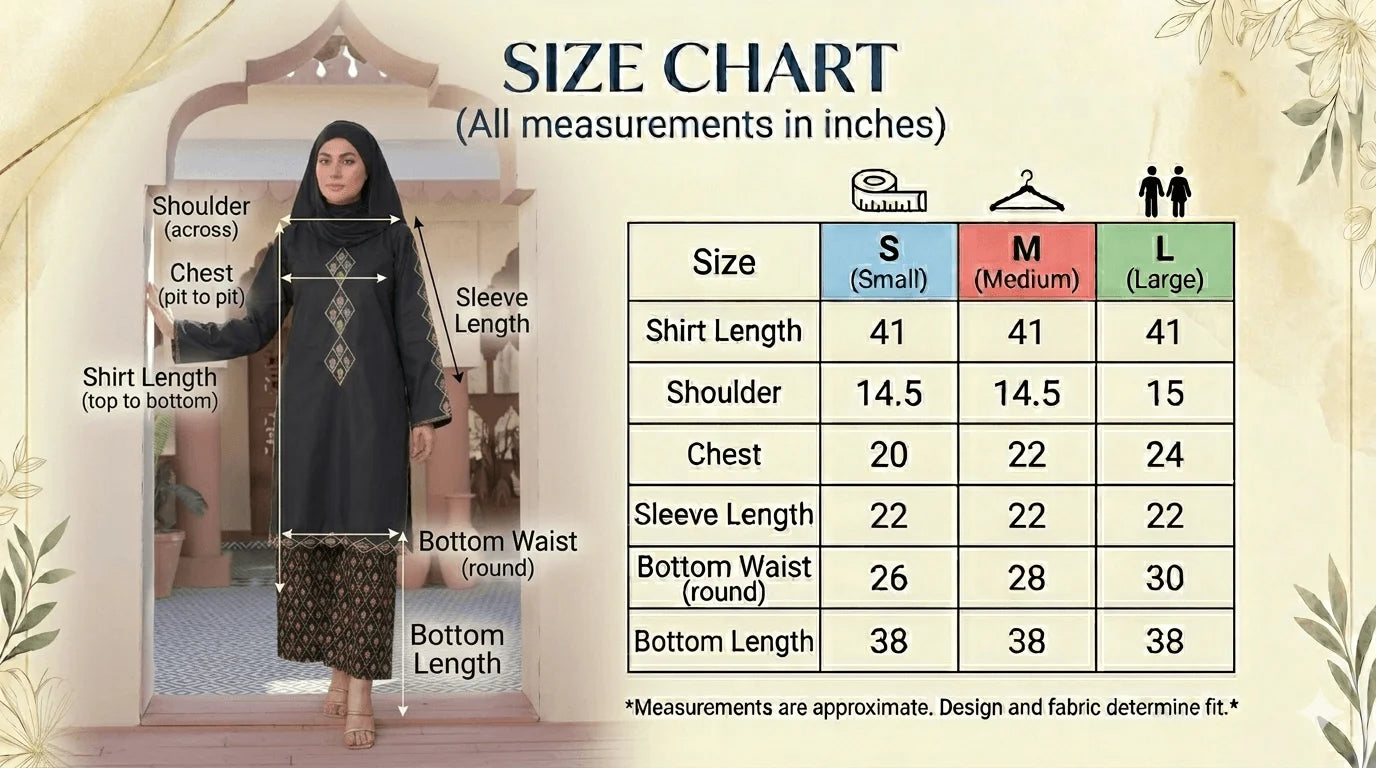Size guide for Embroidered Kurta with Printed Palazzos