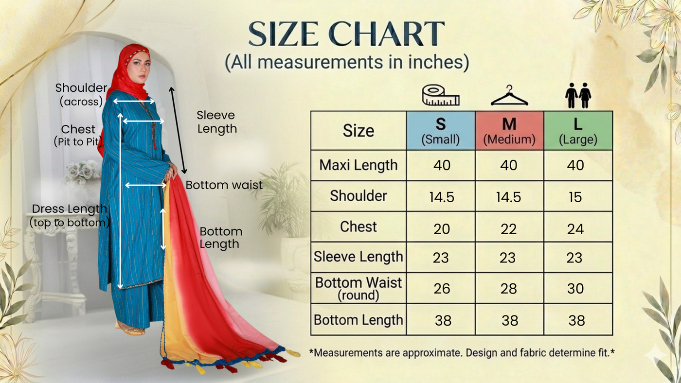 Size guide for Ferozi Cotton Doria 3PC Suit with Ombre Dupatta & Hijab