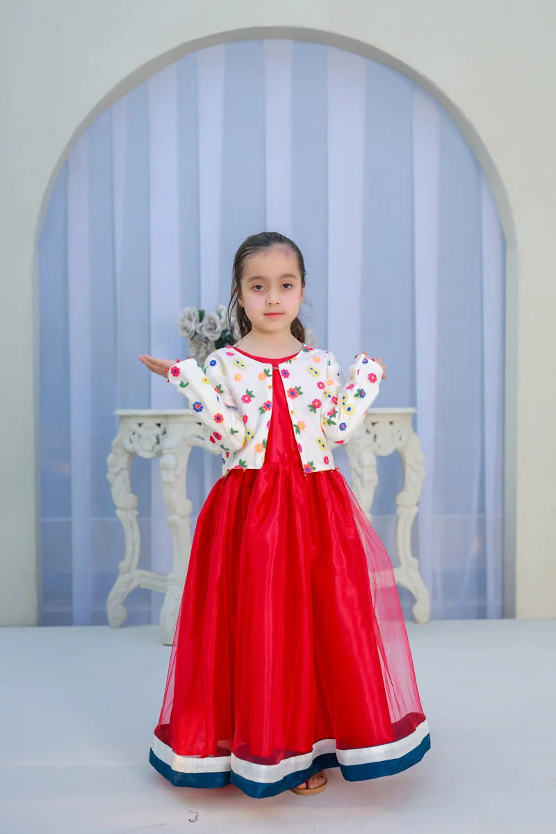 Floral Grace Red Party Gown for Girls