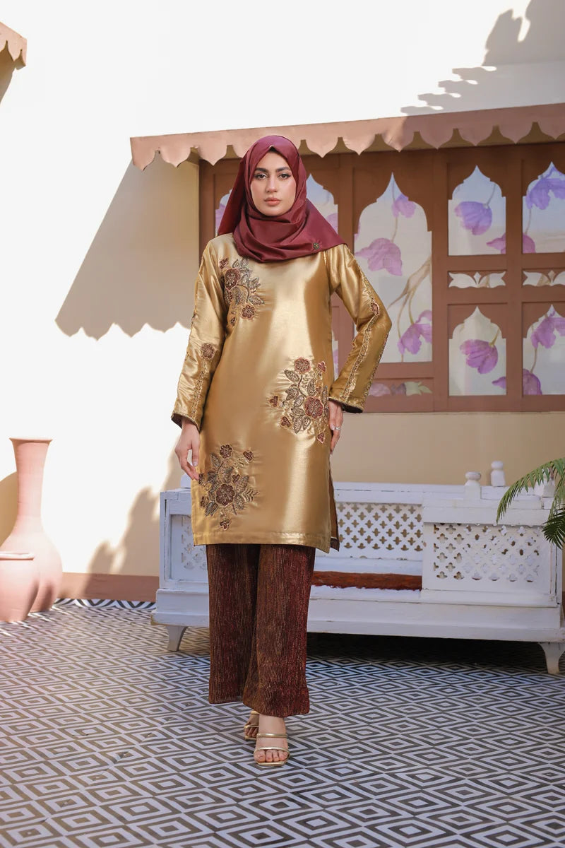 Golden Floral Embroidered Kurta Set with Textured Pants by Bint-e-Habib - Formal Collection image 1