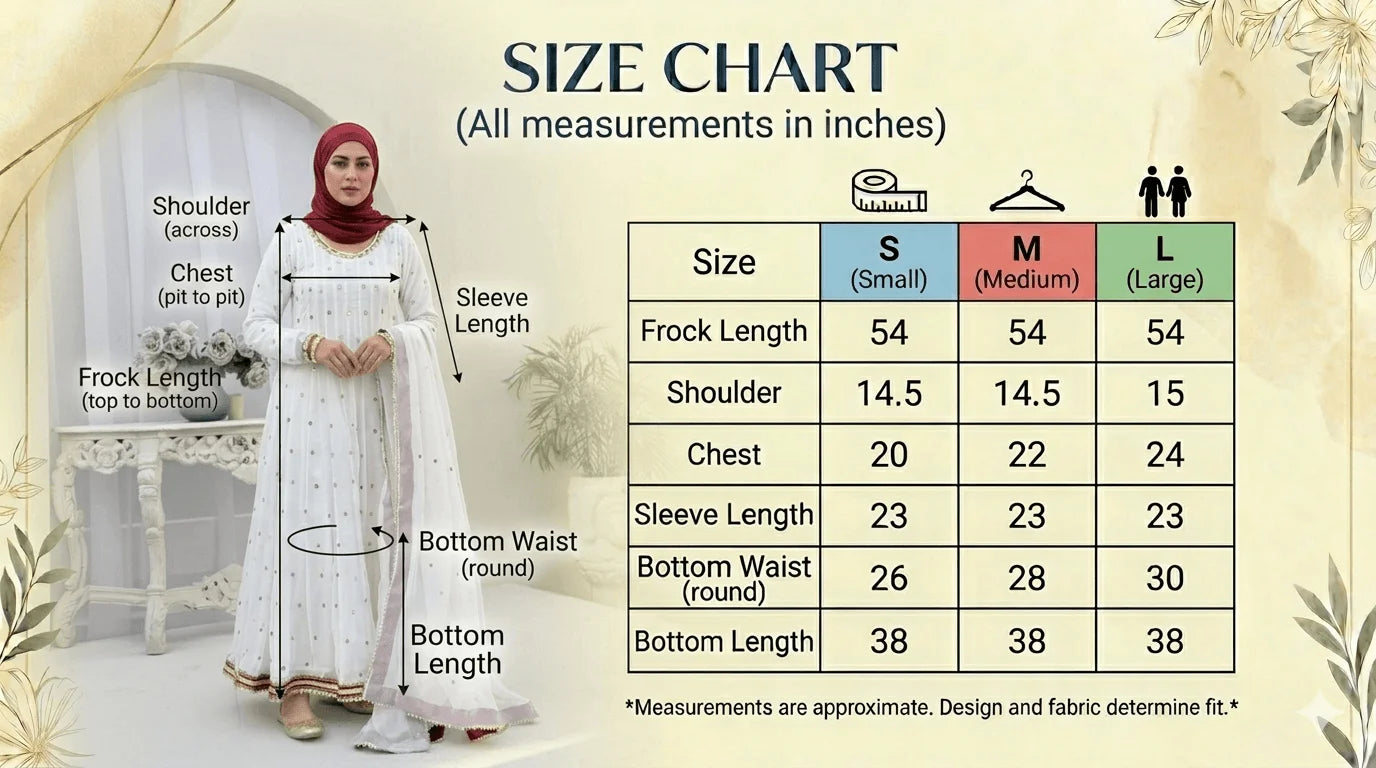 Size guide for Mah-e-Naaz