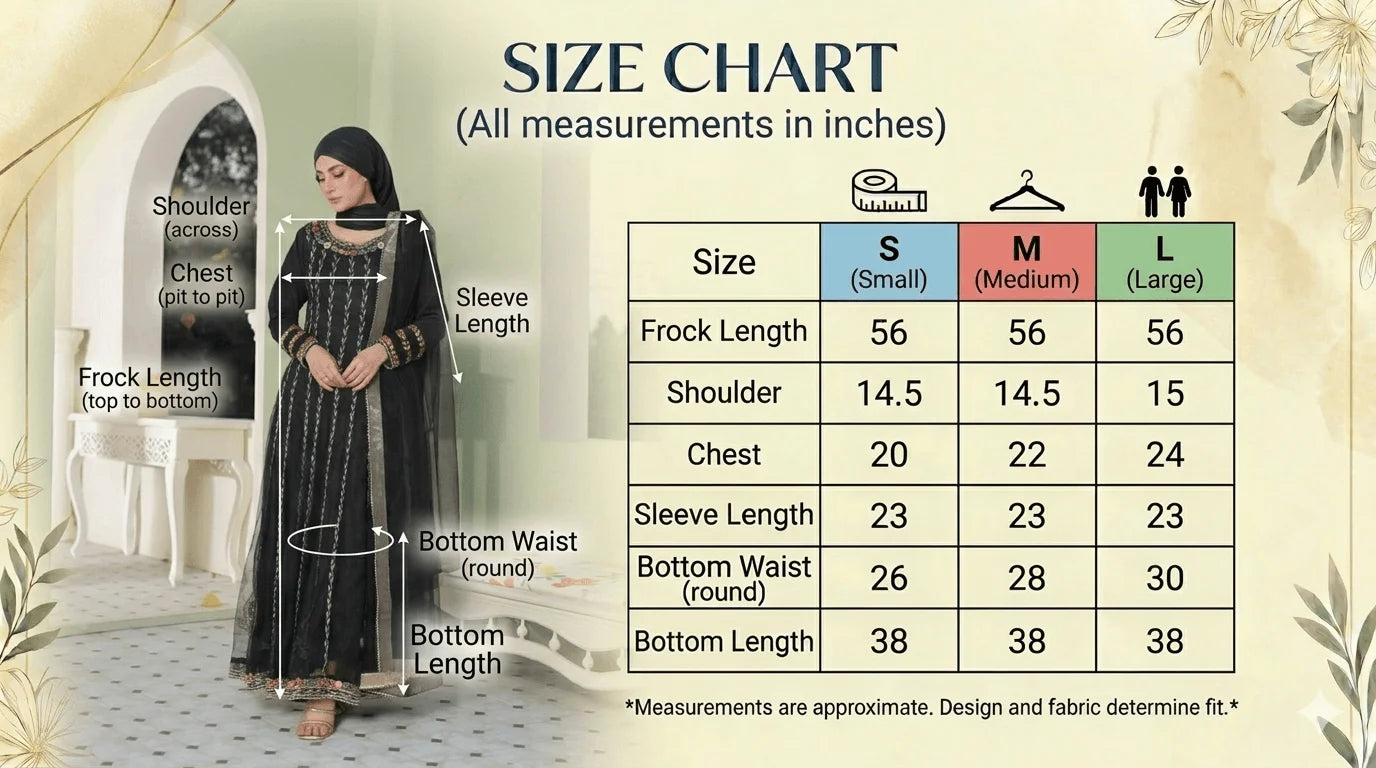 Size guide for Mah-e-Siyah