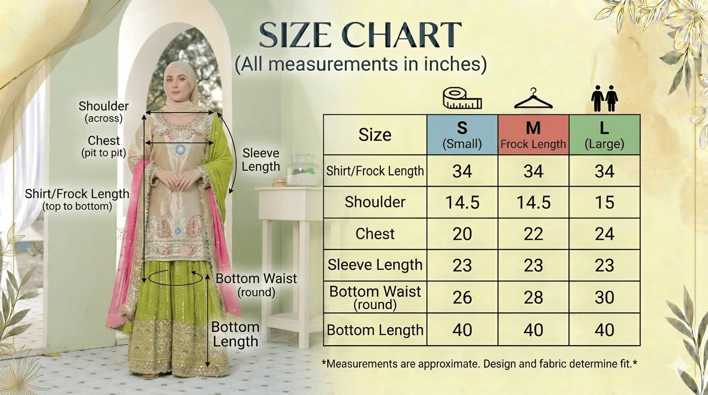 Size guide for Mehr e Noor