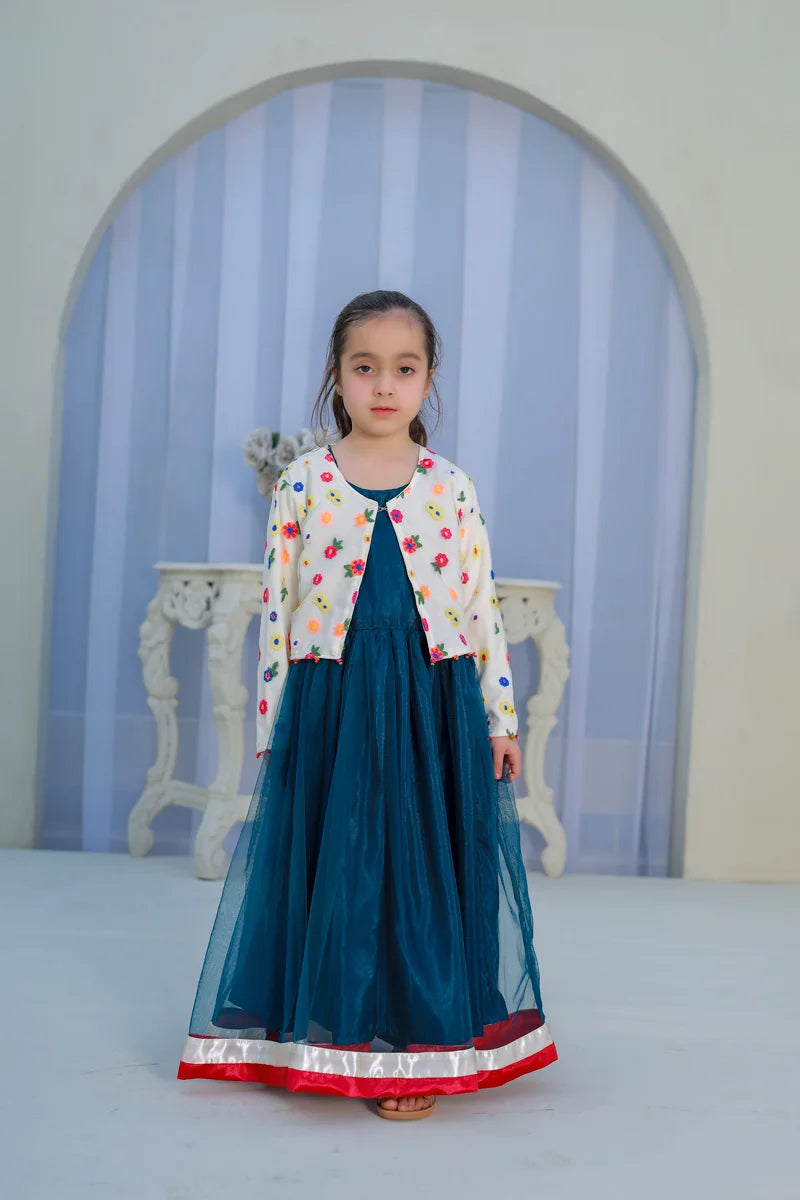Midnight Bloom Teal Party Gown for Girls