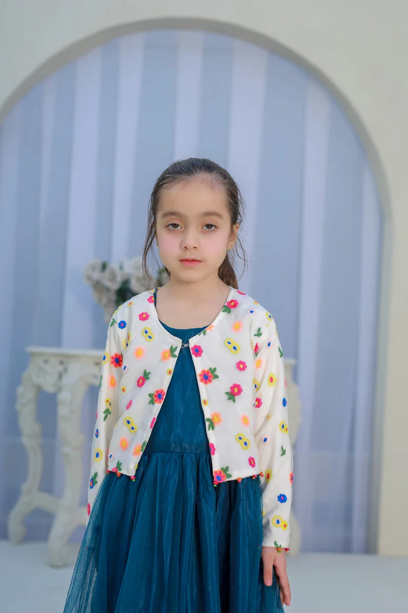 Midnight Bloom Teal Party Gown for Girls