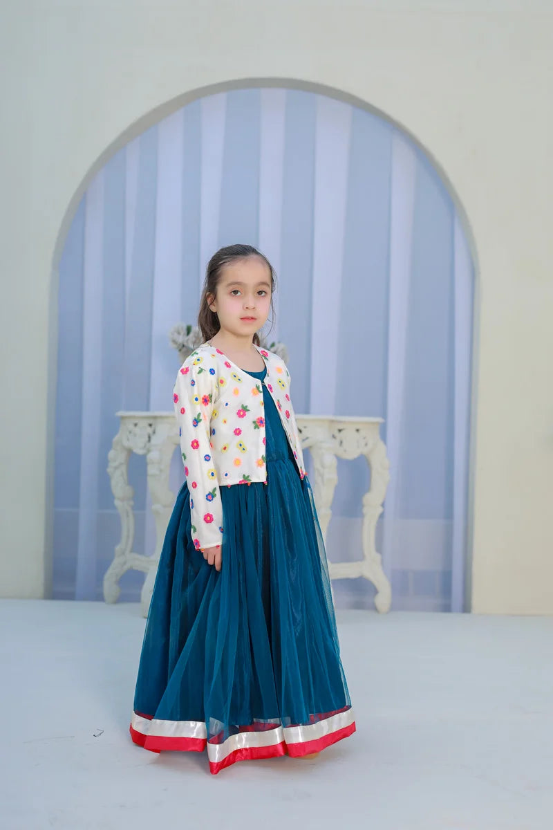 Midnight Bloom Teal Party Gown for Girls