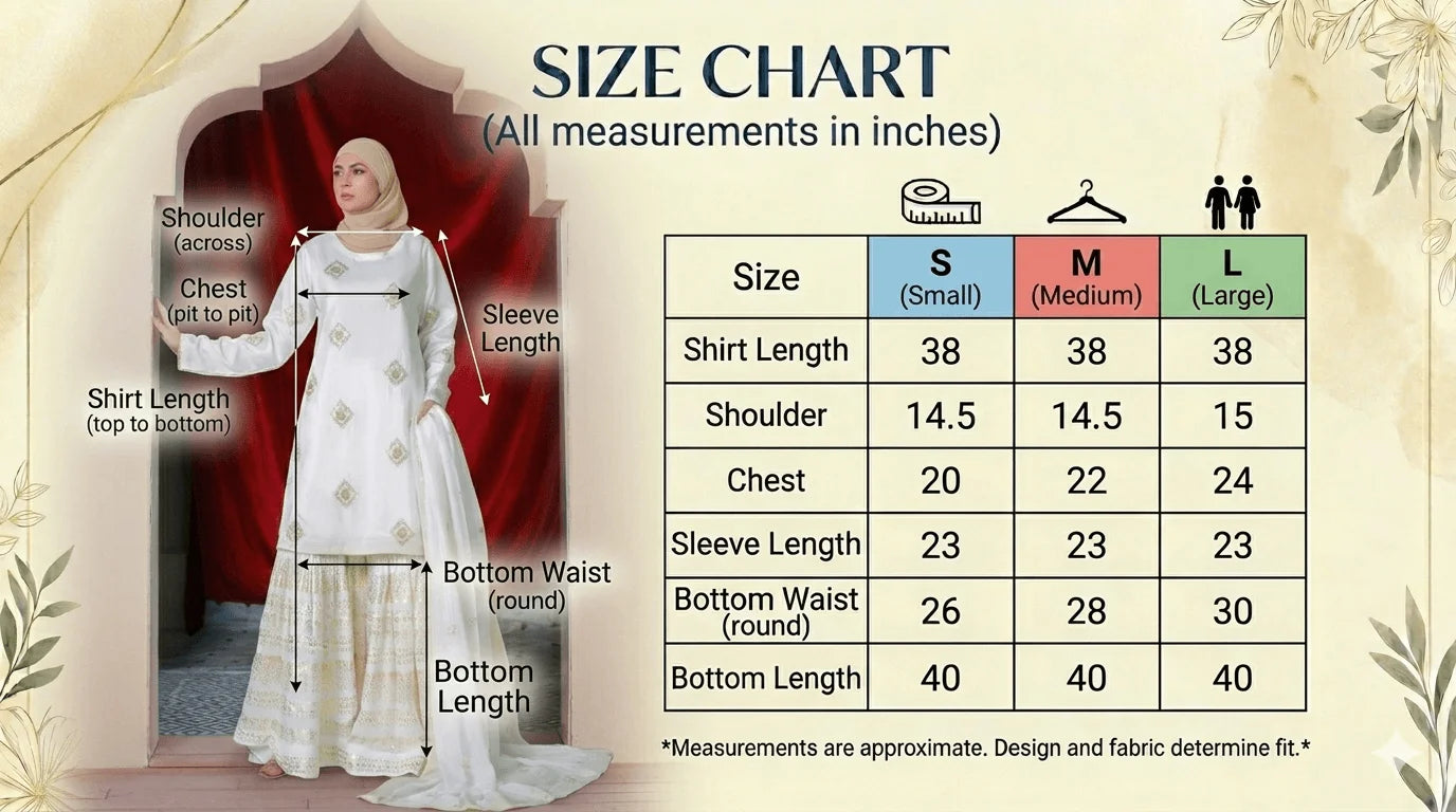 Size guide for Noor e Sahar
