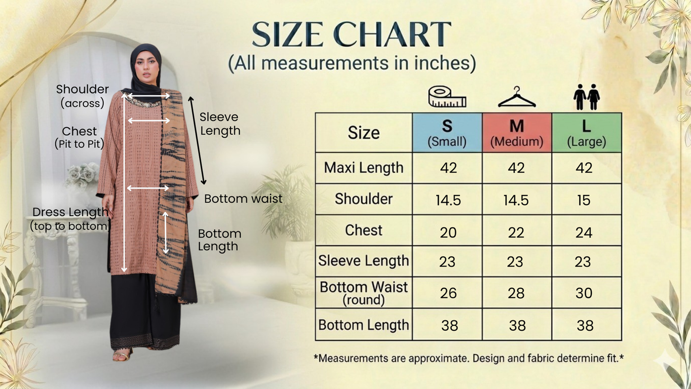 Size guide for Nude & Black Doria Cotton 3PC Suit with Lawn Dupatta & Hijab