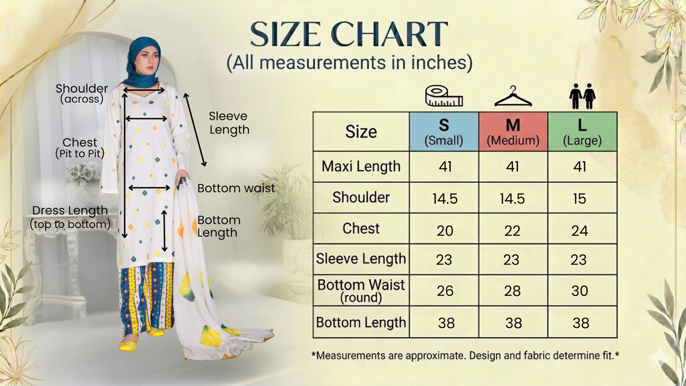 Size guide for Off-White Lawn 3PC Suit with Printed Trouser & Dupatta